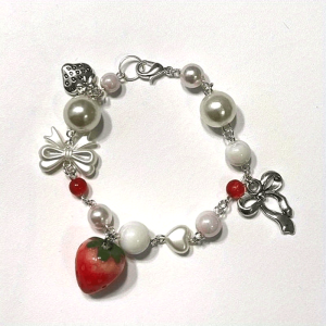 1pc Strawberry Pendant, Imitation Pearl Chain Beaded Bracelet For Men