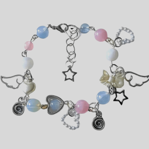 1Pc Exquisite Love Heart Star Wings Beaded Chain Link Bracelet - Copper Silver Color, Sweet Wind, Birthday Gift, Party, Women's Jewelry, Fashion Accessory
