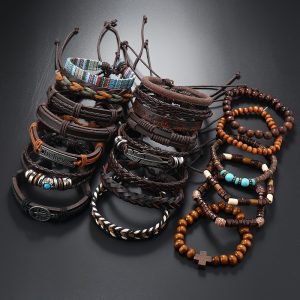21pcs Retro PU Leather Braided Bracelet Set, Men's Daily Decoration