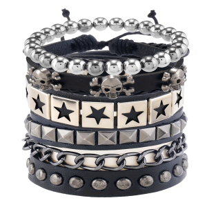 Men's Gothic 4pcs Fashion Bracelet Set - Silvery-Plated Alloy with Skull & Star Design, Wide Faux Leather