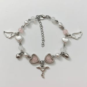 1Pc Fashionable Angel Wings Love Key Y2K Style Resin Faux Pearl Metal Copper Silvery Bracelet Women Party Daily Gift