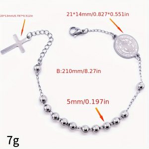 Stainless Steel Bead Bracelet with Cross Charm, 5mm Beaded Religious Rosary Chain, Unisex Prayer Beads Jewelry Accessory